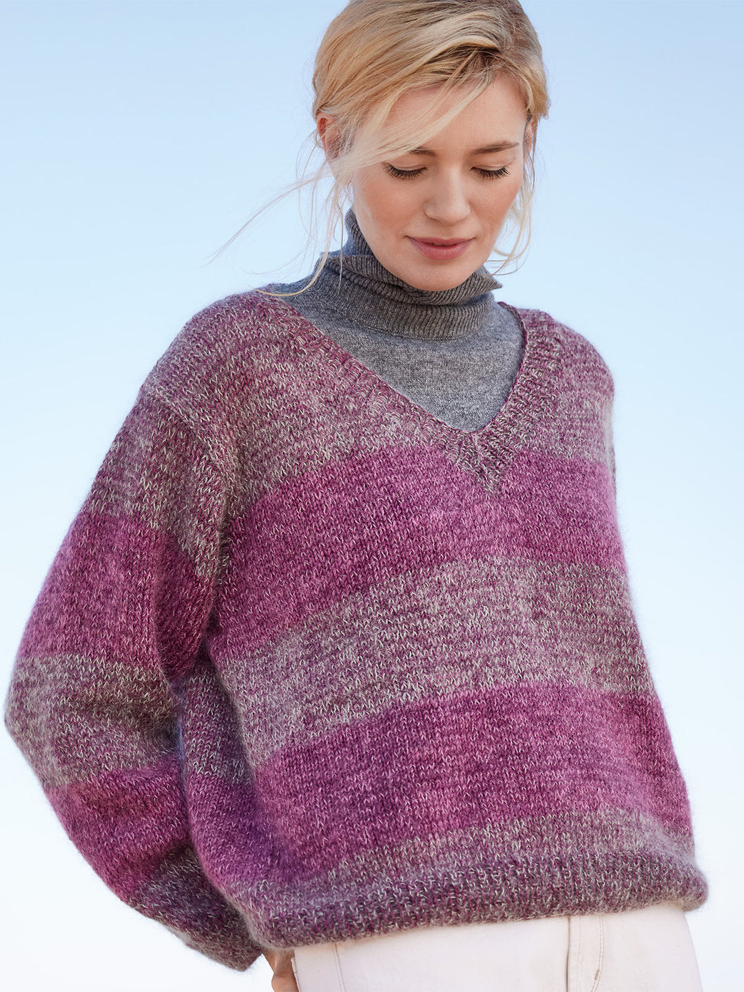 Strickpaket Cool Wool Vintage Silkhair Streifenpullover mit V-Ausschnitt