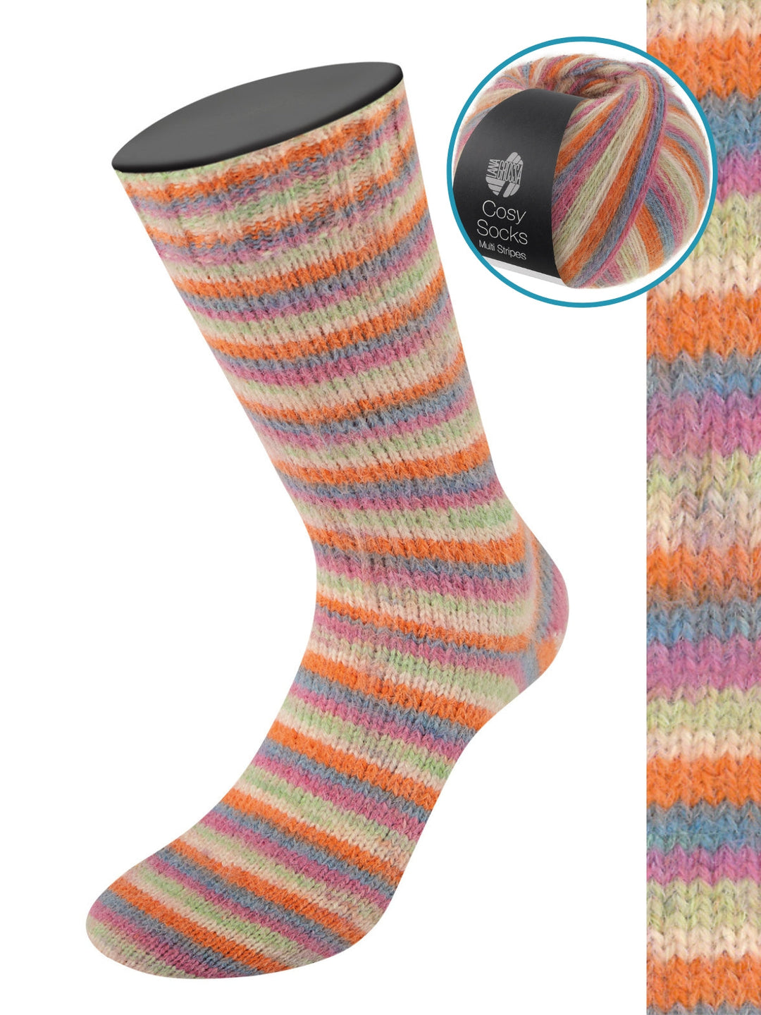 Cosy Socks Multi Stripes 154 Dunkelgrau/Graublau/Fuchsia/Lichtgrün/ Creme/Orange