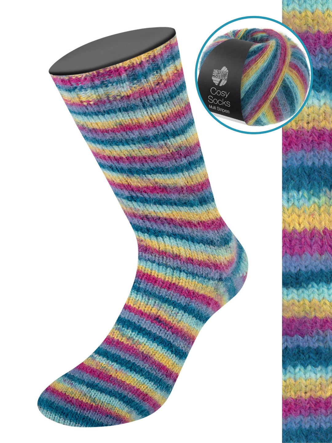 Cosy Socks Multi Stripes 155 Dunkelpetrol/Helltürkis/Gelb/Orchidee/Grauviolett