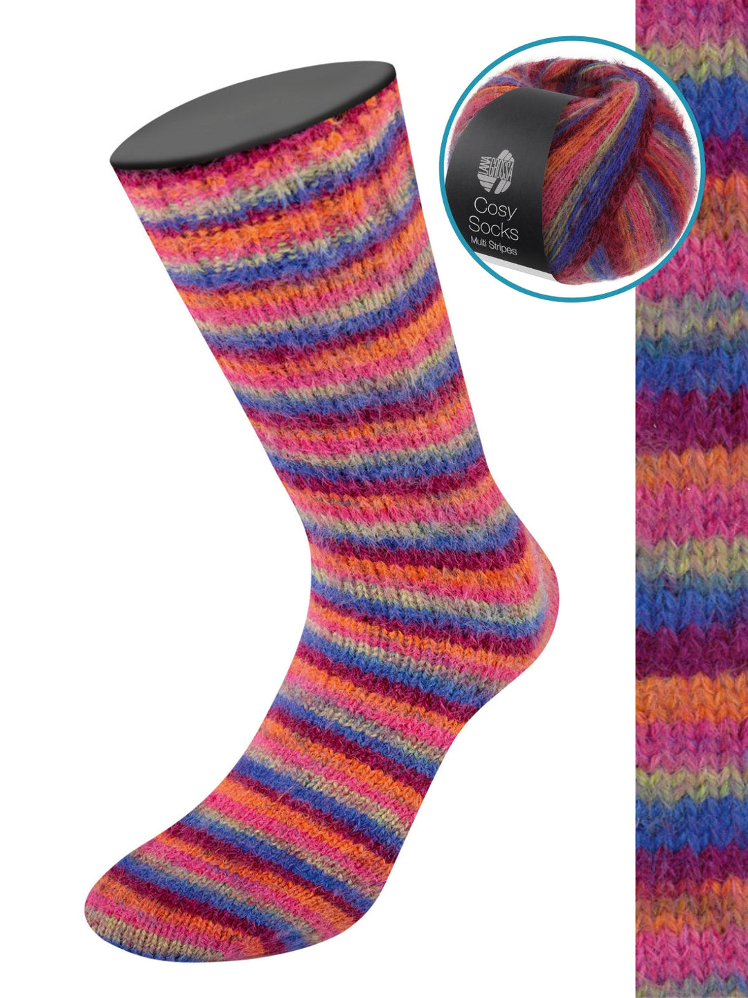 Cosy Socks Multi Stripes 156 Blauviolett/Weinrot/Kürbis/Pink/Graugrün