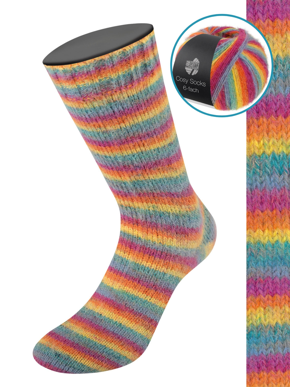 Cosy Socks 6-fach Multi Stripes 2201 Rauchblau/Türkis/Gelb/Orange/Fuchsia