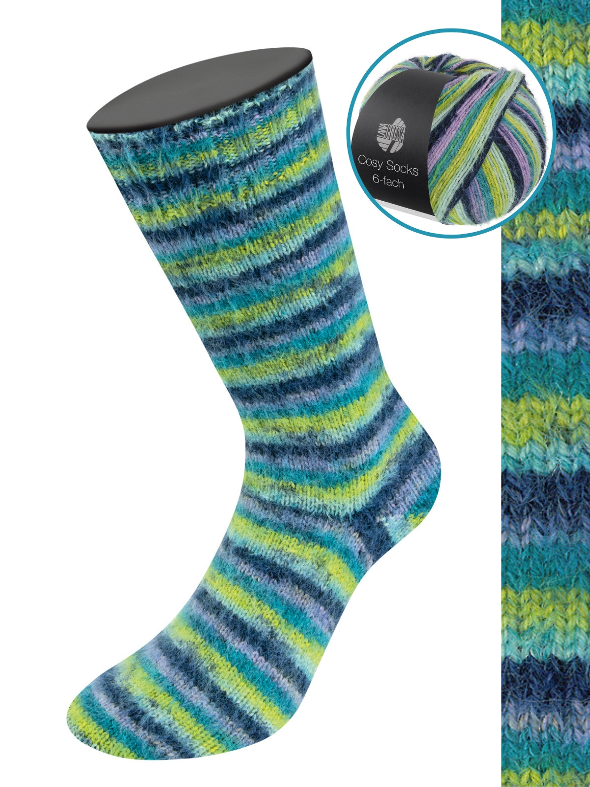 Cosy Socks 6-fach Multi Stripes 2202 Lavendel/Schwarzblau/Türkis/Pistazie/Opalgrün