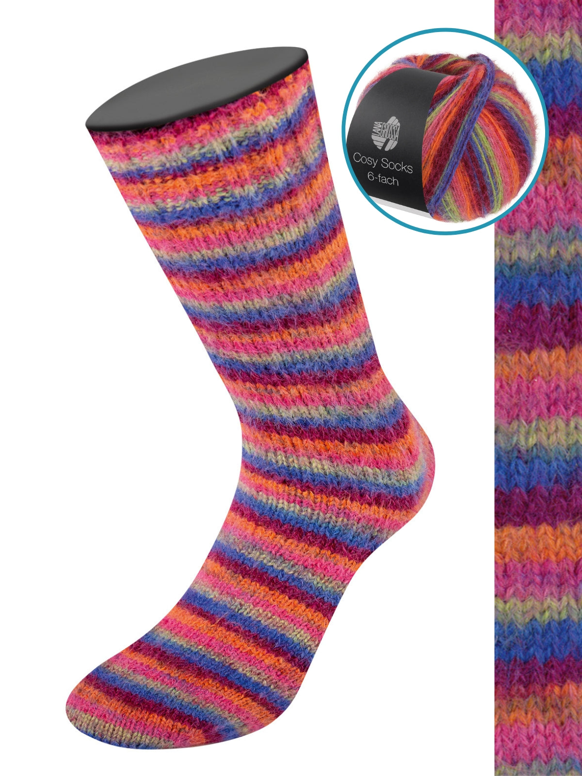 Cosy Socks 6-fach Multi Stripes 2205 Bordeaux/Blau/Graubeige/Fuchsia/Orange