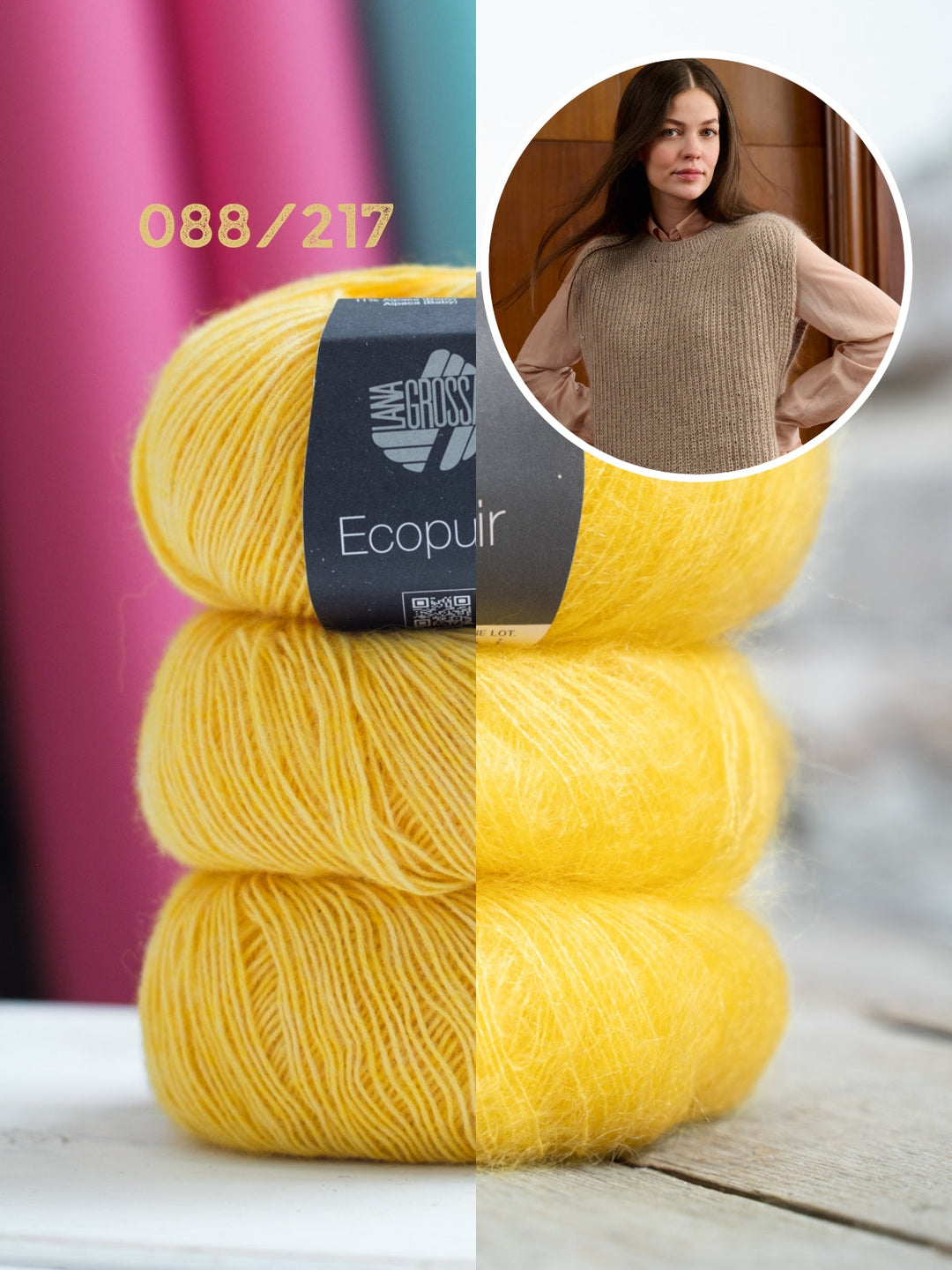 Strickpaket Ecopuno Silkhair Top-down Pullunder im Patentmuster