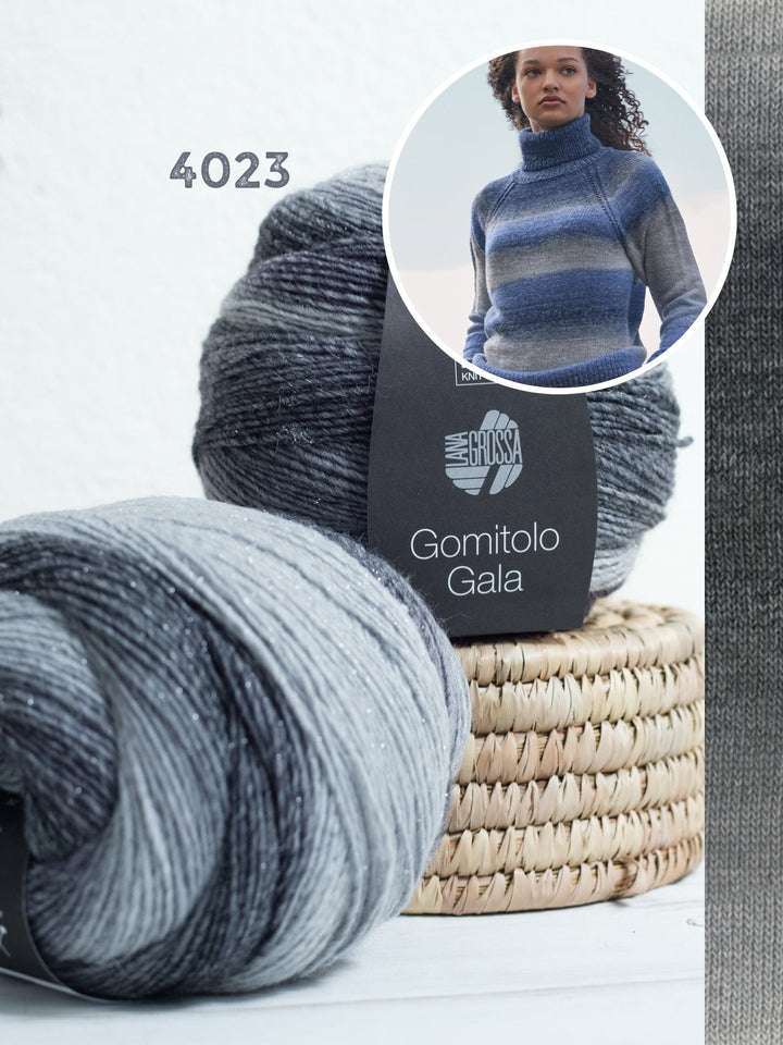 Strickpaket Gomitolo Gala Top-down Raglanpullover mit Rollkragen