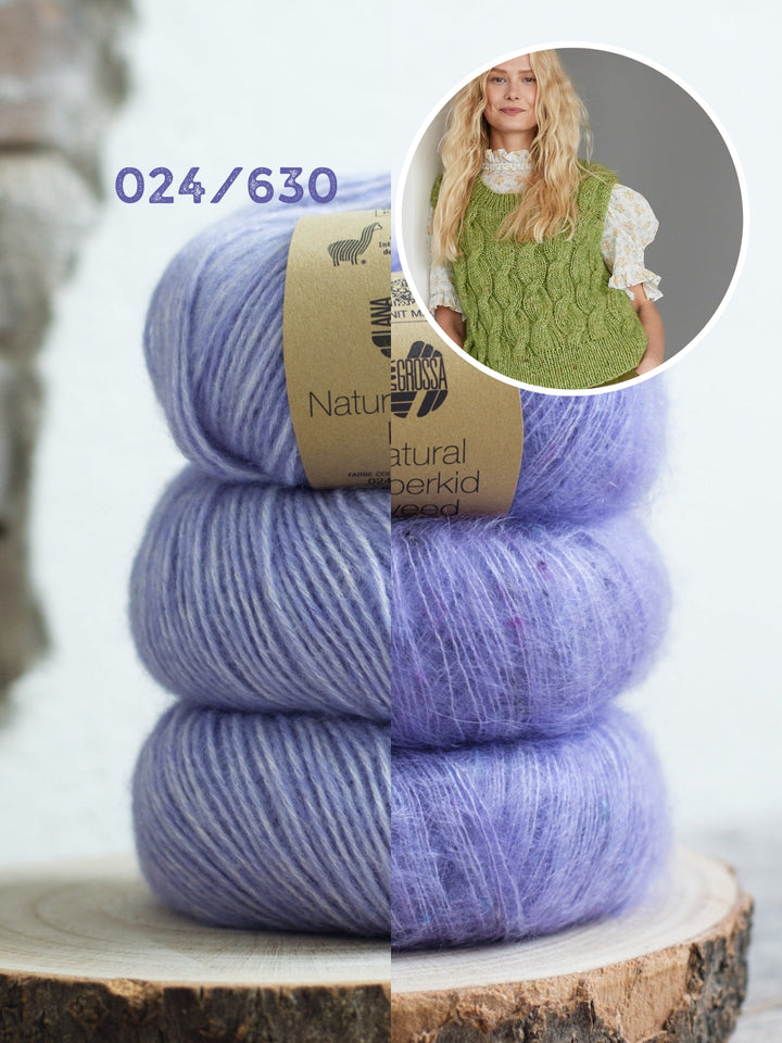 Strickpaket Natural Alpaca Pelo Superkid Tweed Pullunder mit Zöpfen