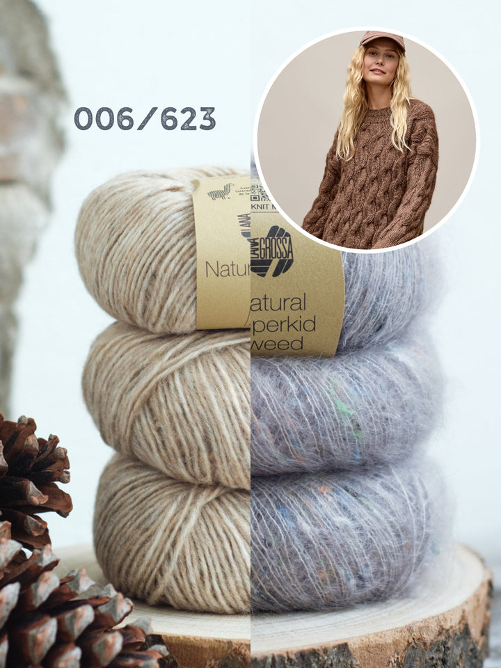Strickpaket Natural Alpaca Pelo Superkid Tweed Zopfpullover