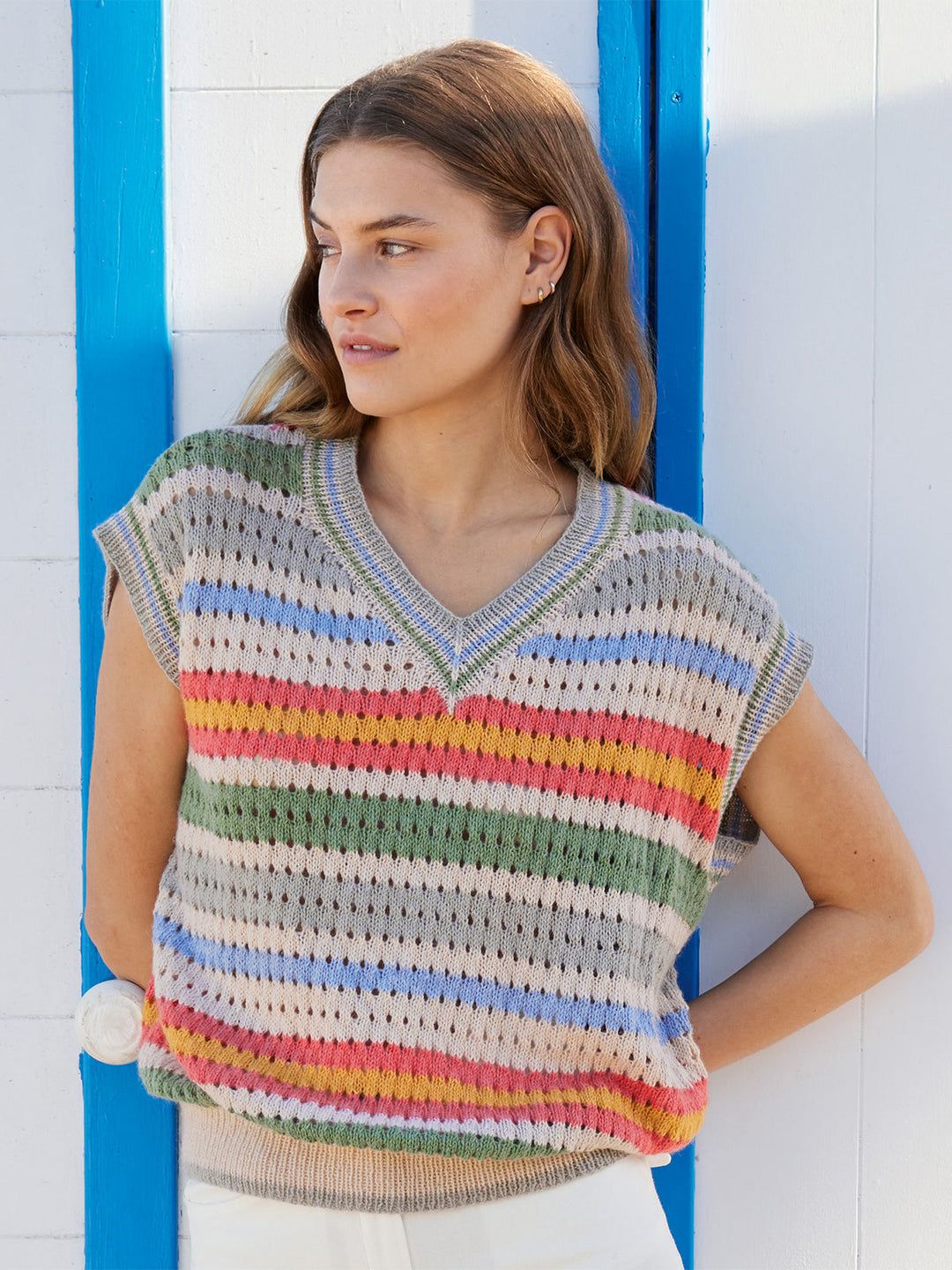 Strickpaket Ecopuno Gestreifter Pullunder mit Ajourmuster