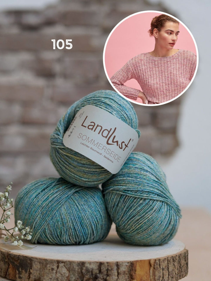 Strickpaket Sommerseide Pullover mit Häkelborte